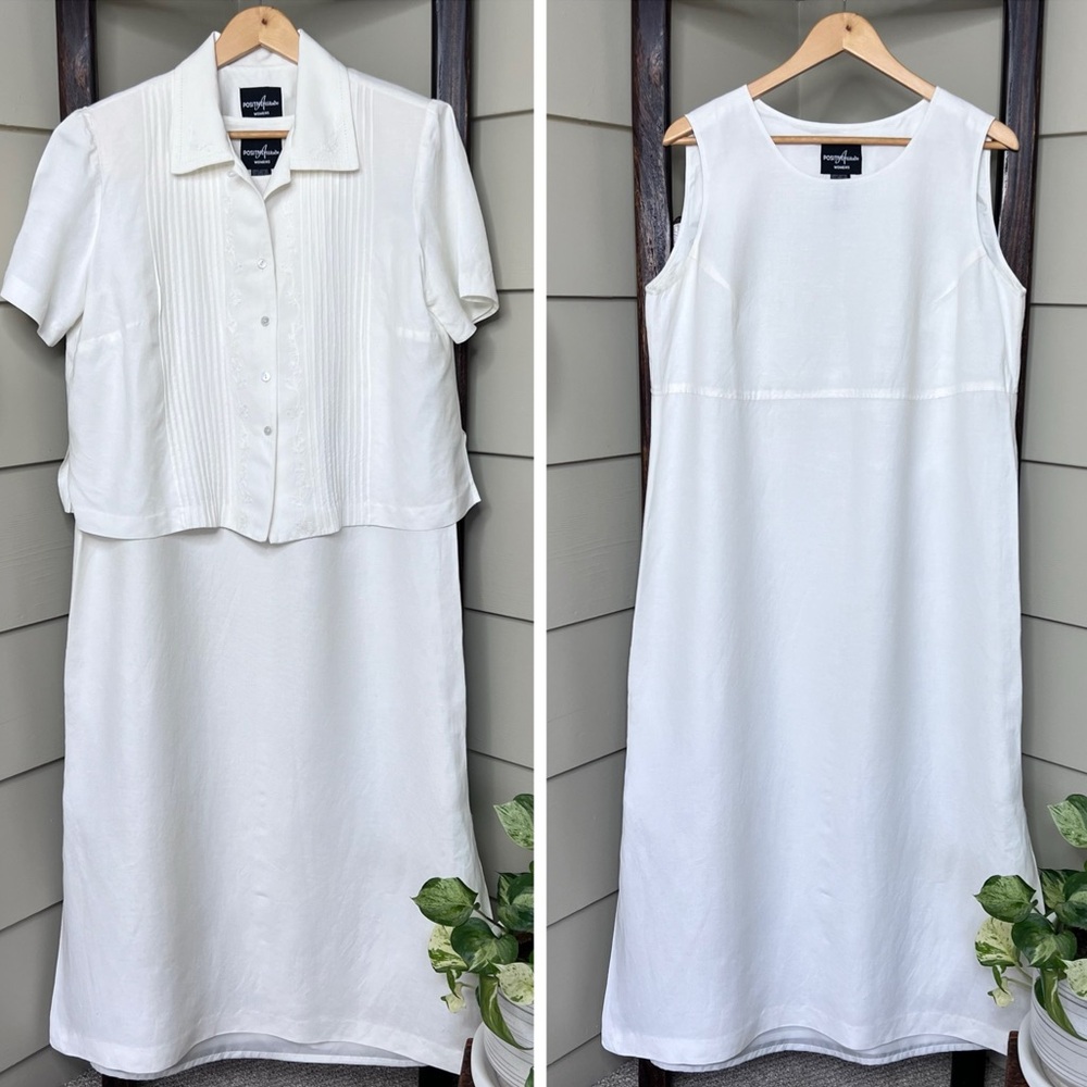 Positive Attitude Linen Rayon Embroidered Womens 14 Dress Jacket Set Ivory White